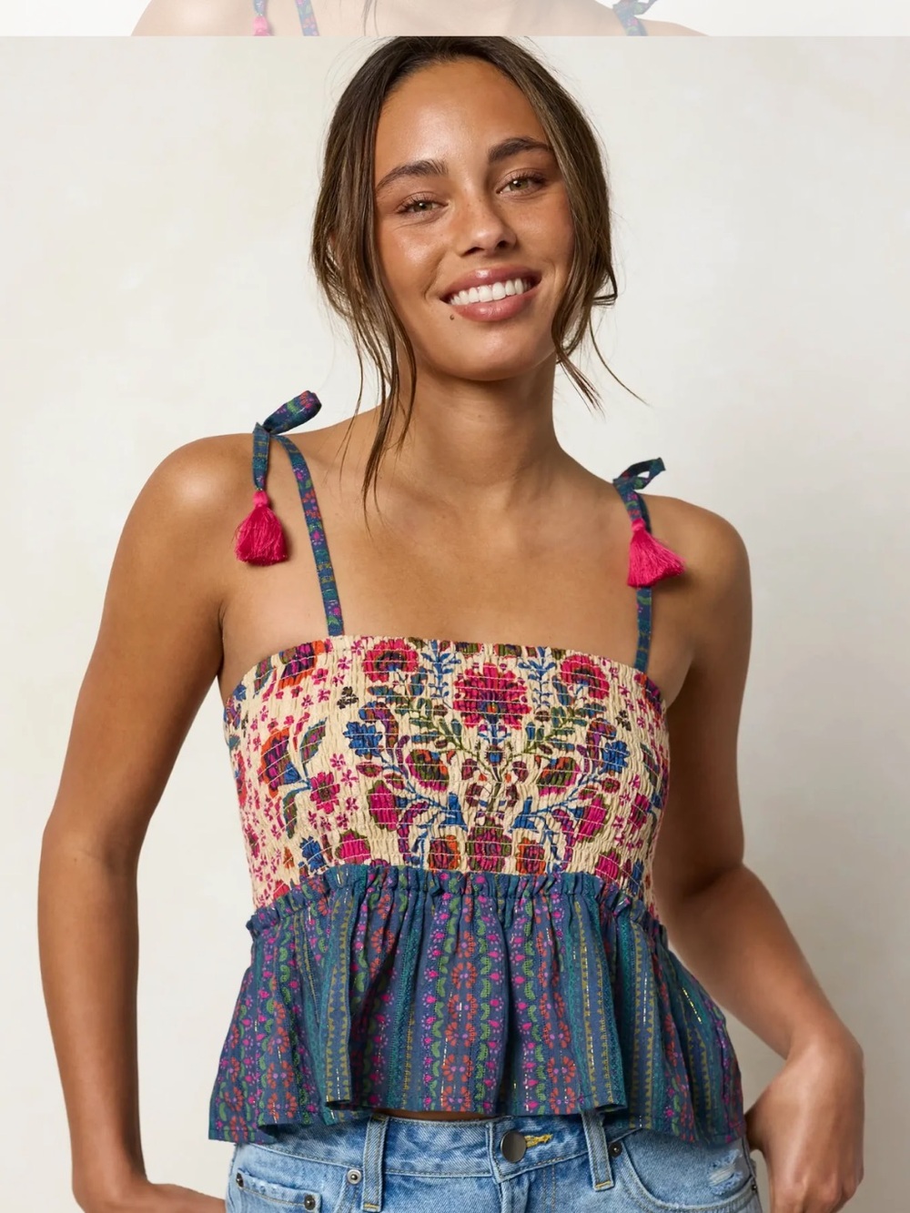NATURAL LIFE Gracie Smocked Top Multicolored Floral Stripes Boho Size Large NWT